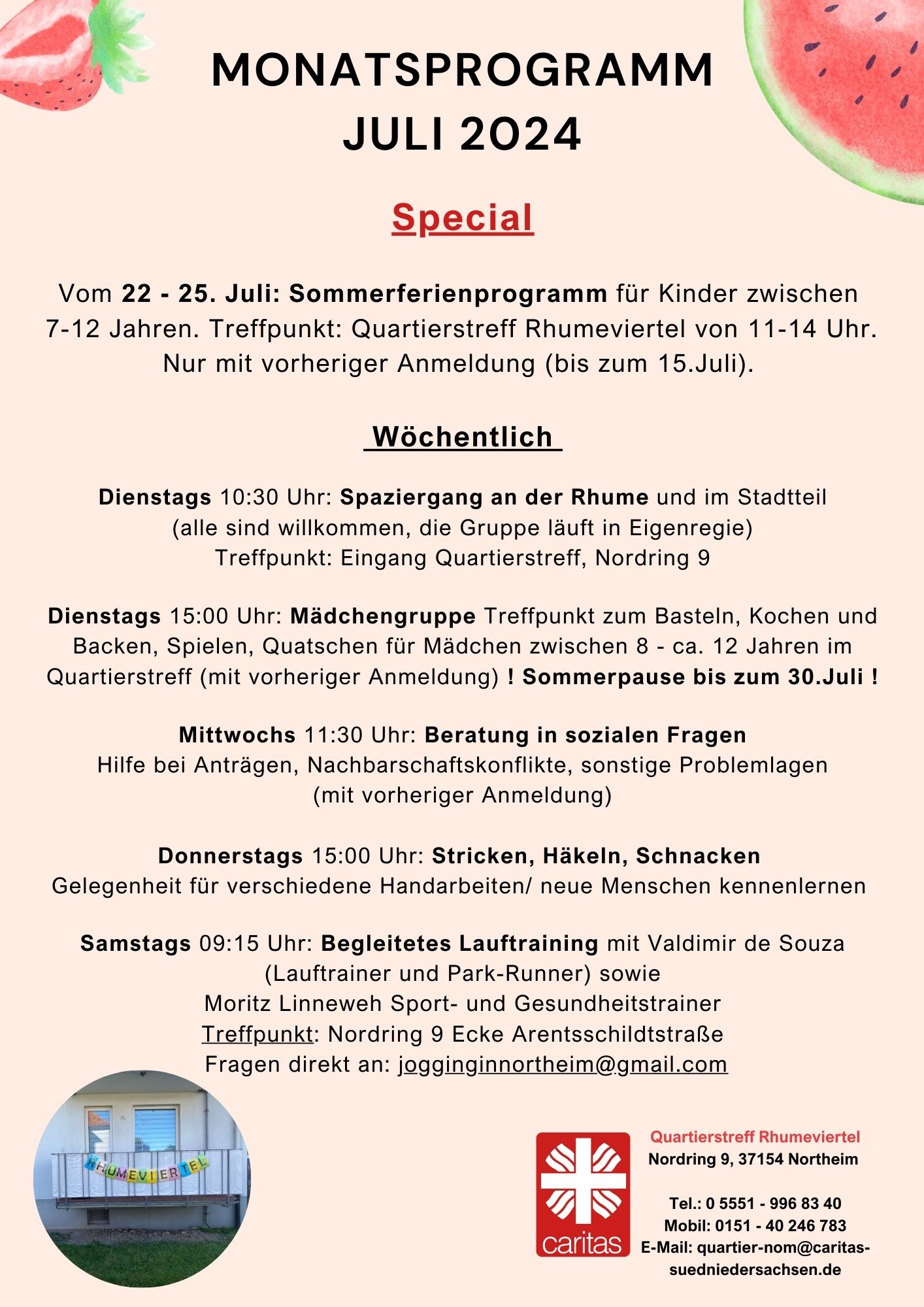 Monatsprogramm Juli 2024 im Quartierstreff Rhumeviertel